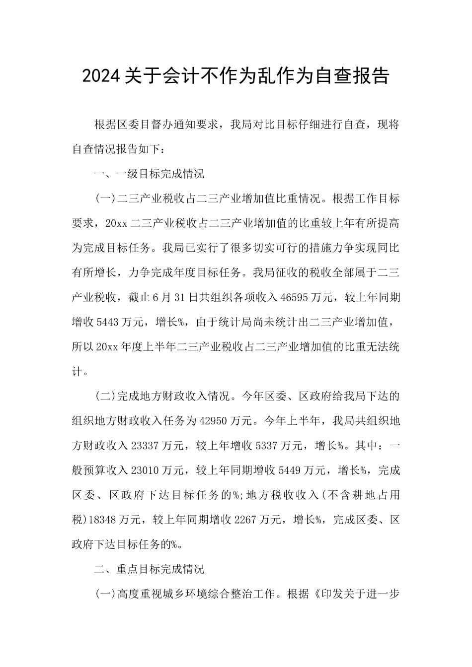 2024关于会计不作为乱作为自查报告_第1页