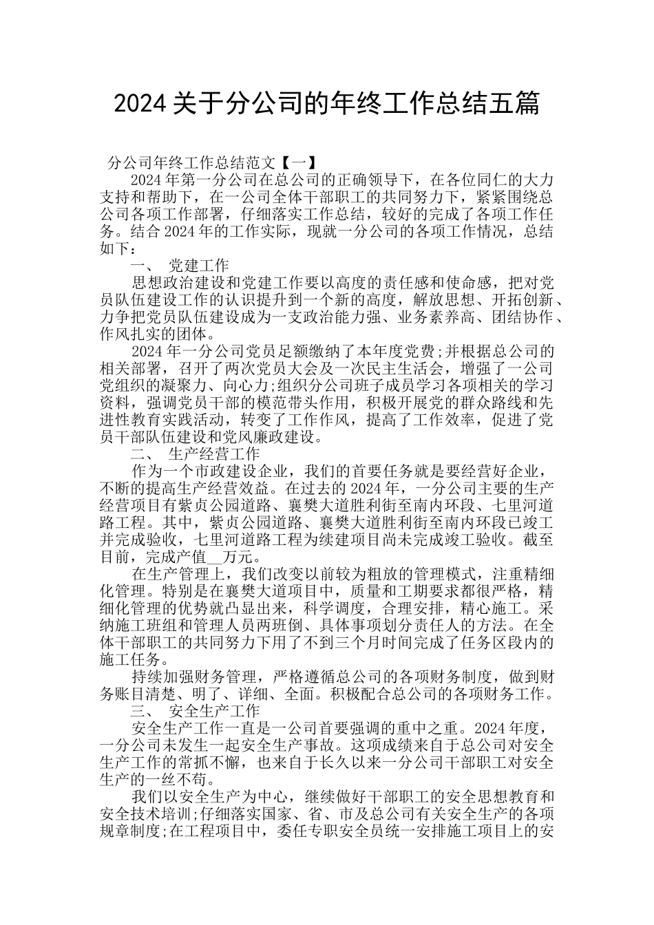 2024关于分公司的年终工作总结五篇_第1页