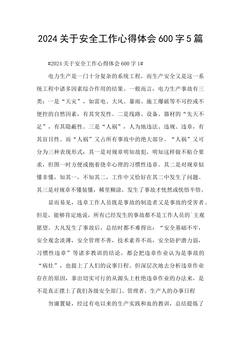 2024关于安全工作心得体会600字5篇_第1页