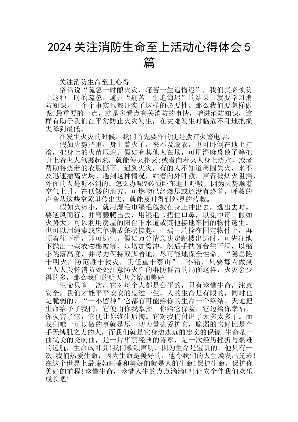 2024关注消防生命至上活动心得体会5篇_第1页