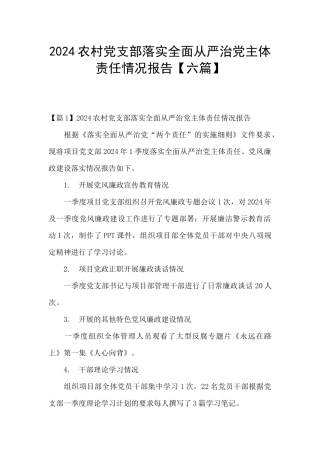2024农村党支部落实全面从严治党主体责任情况报告