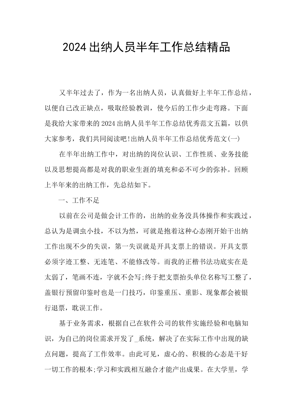 2024出纳人员半年工作总结精品_第1页