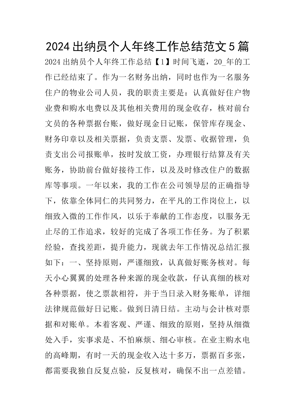 2024出纳员个人年终工作总结范文5篇_第1页