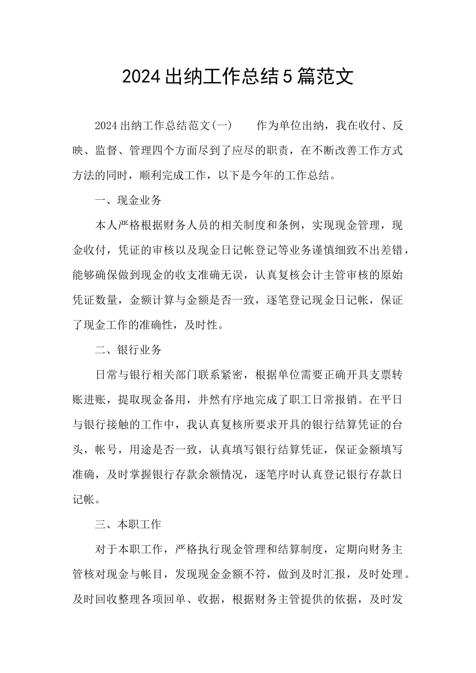2024出纳工作总结5篇范文_第1页