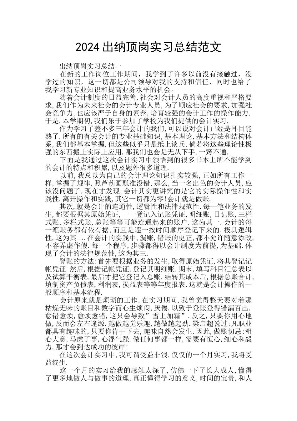 2024出纳顶岗实习总结范文_第1页