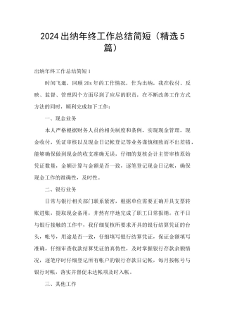 2024出纳年终工作总结简短