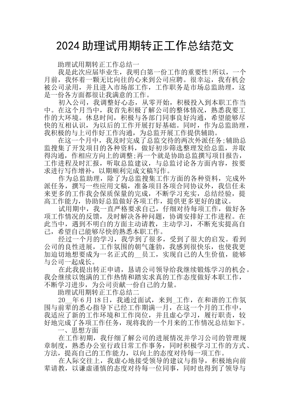 2024助理试用期转正工作总结范文_第1页