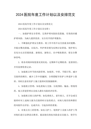 2024医院年度工作计划以及安排范文