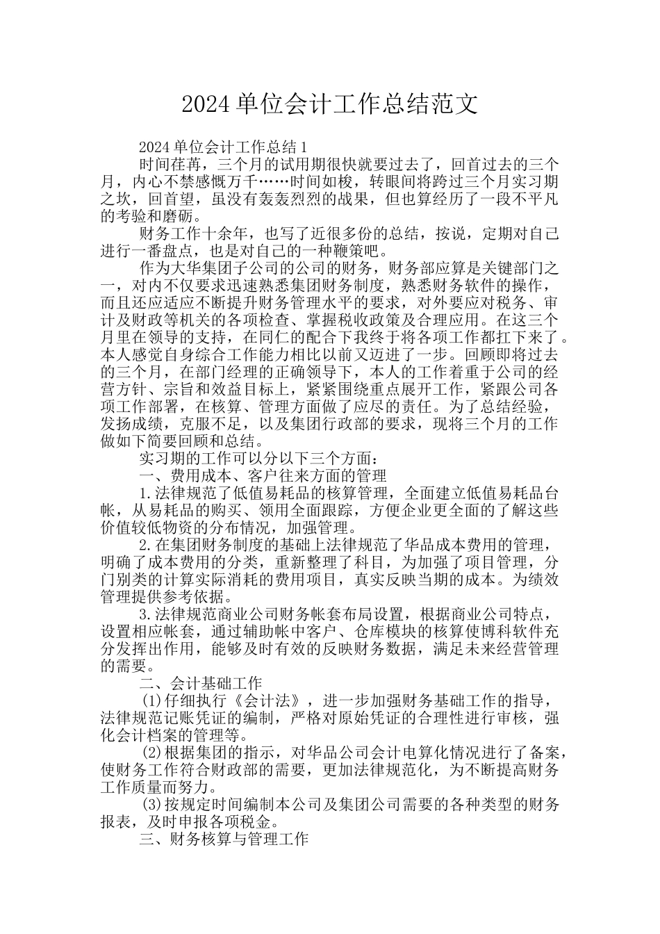 2024单位会计工作总结范文_第1页
