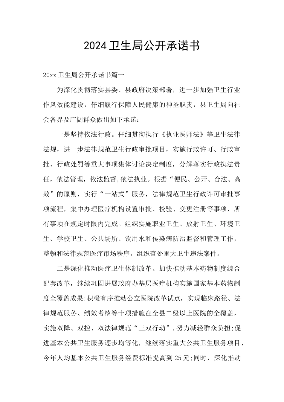 2024卫生局公开承诺书_第1页