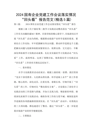 2024国有企业党建工作会议落实情况“回头看”报告范文