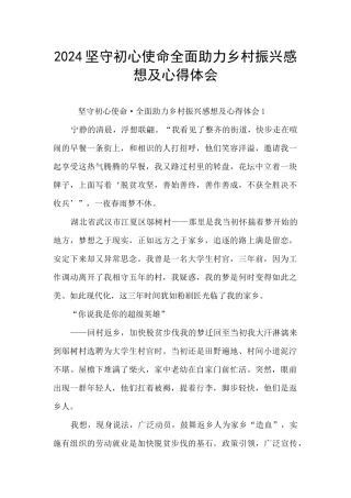 2024坚守初心使命全面助力乡村振兴感想及心得体会