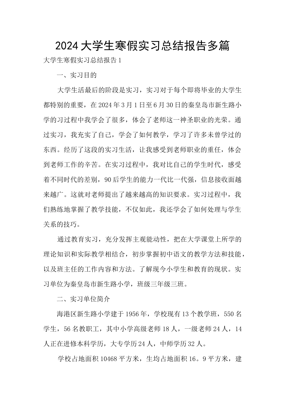 2024大学生寒假实习总结报告多篇_第1页