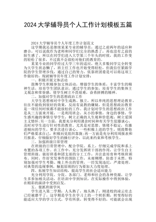 2024大学辅导员个人工作计划模板五篇