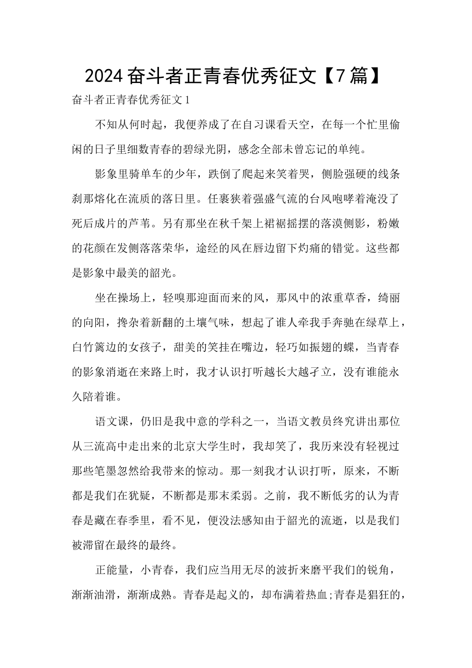 2024奋斗者正青春优秀征文_第1页