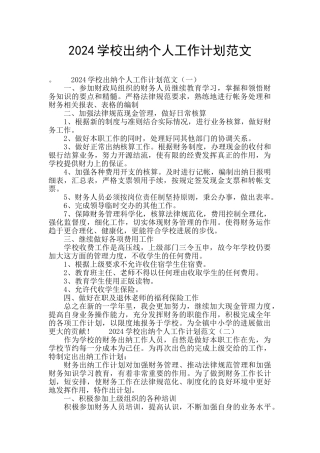 2024学校出纳个人工作计划范文