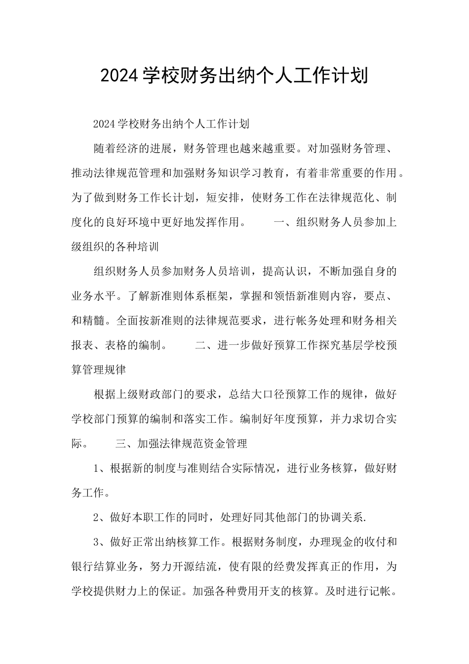2024学校财务出纳个人工作计划_第1页