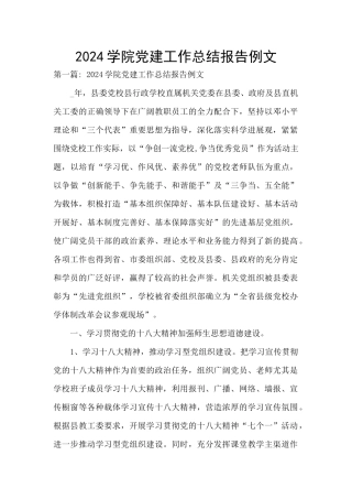 2024学院党建工作总结报告例文