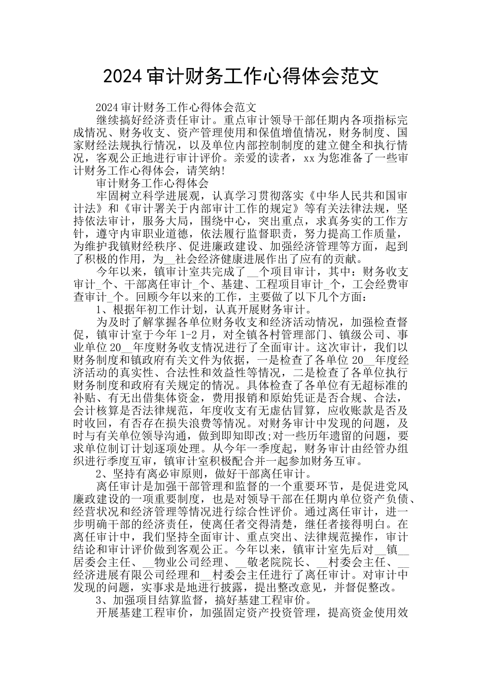 2024审计财务工作心得体会范文_第1页