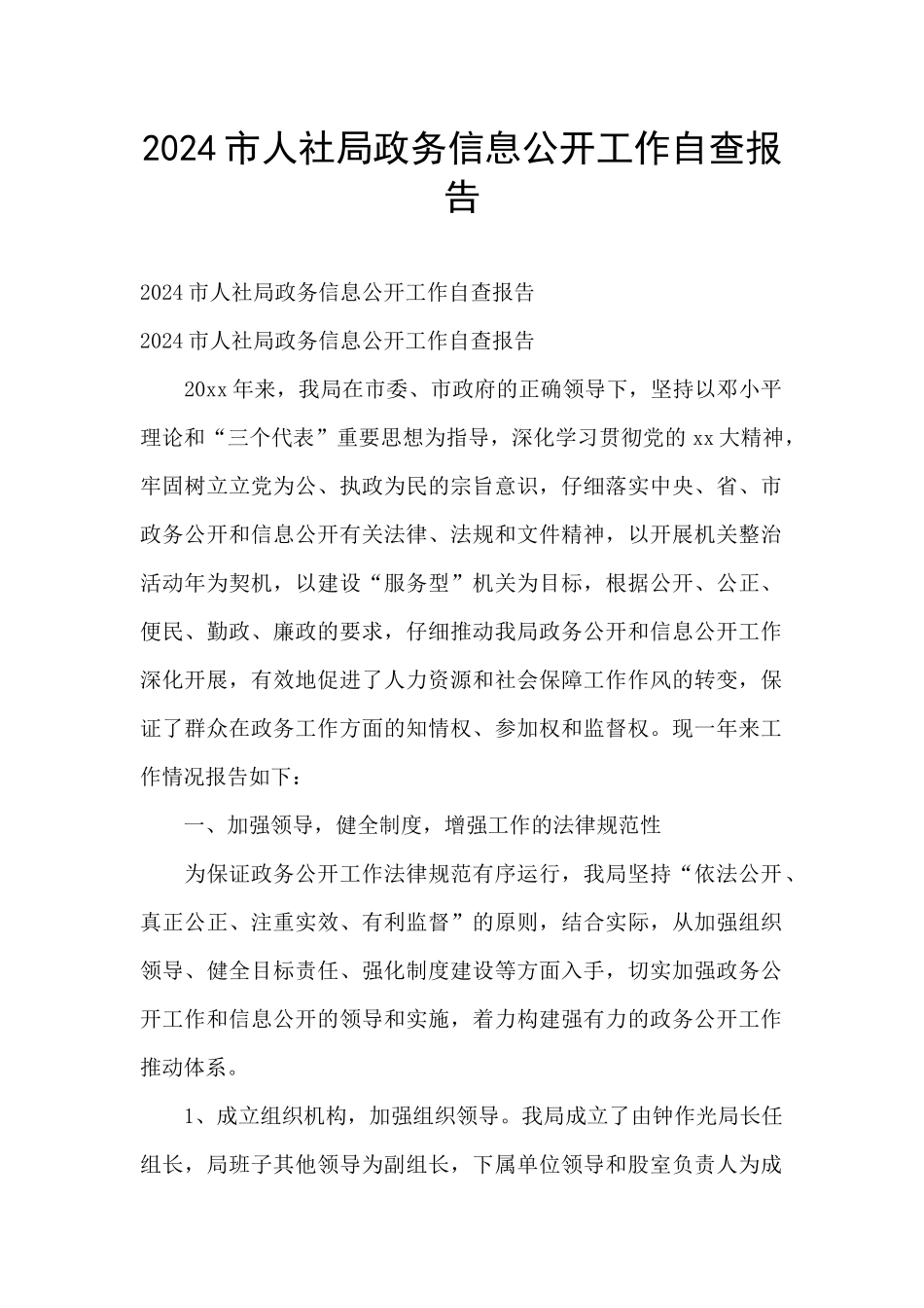 2024市人社局政务信息公开工作自查报告_第1页