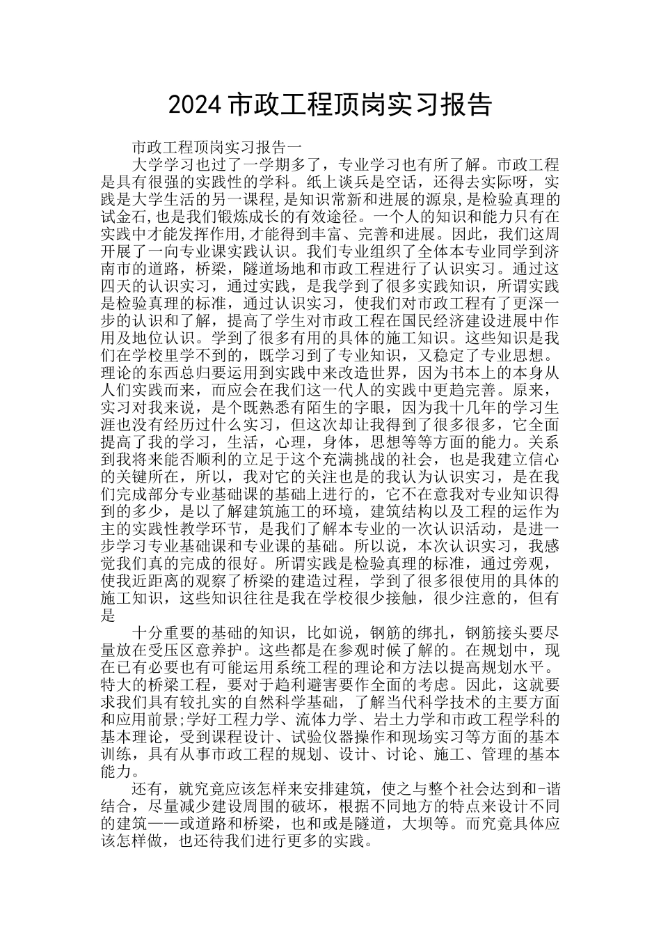 2024市政工程顶岗实习报告_第1页