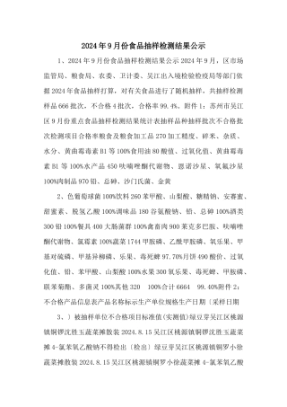 2024年9月份食品抽样检测结果公示