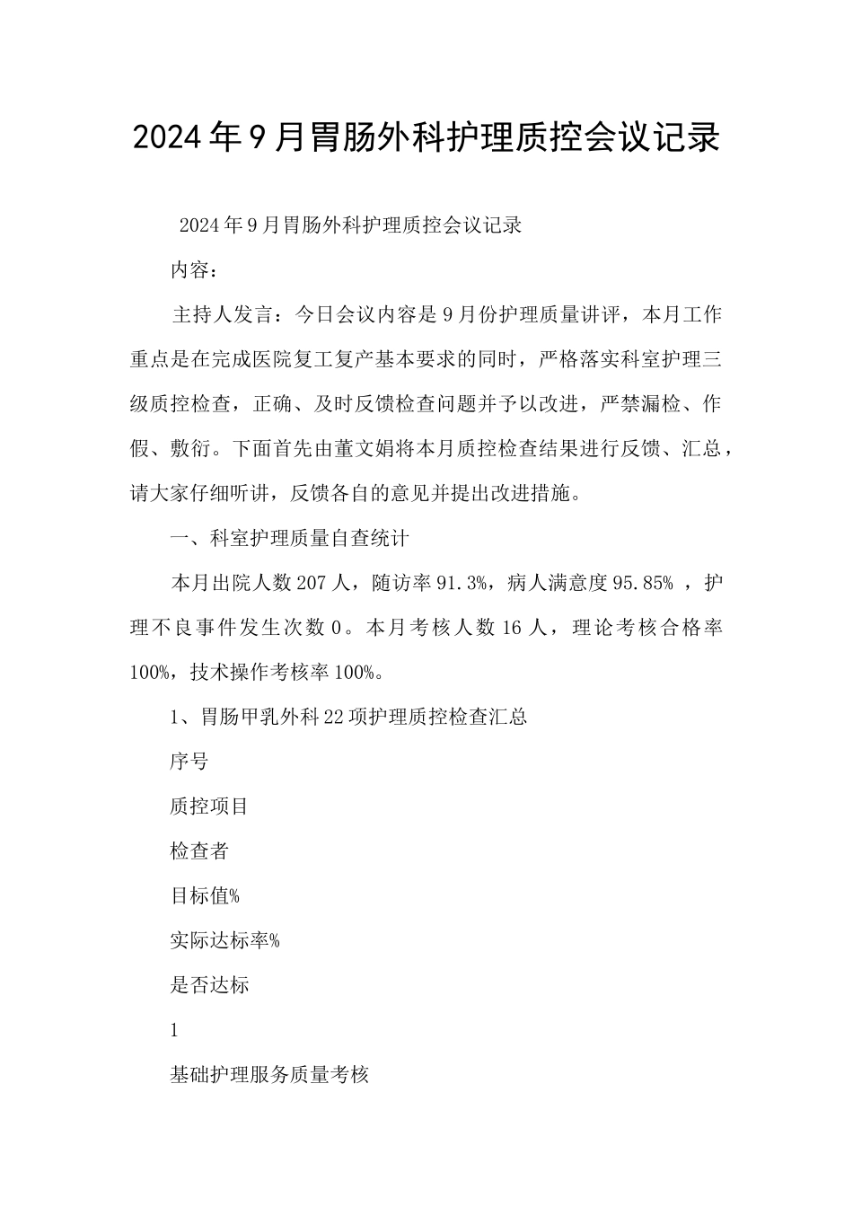 2024年9月胃肠外科护理质控会议记录_第1页