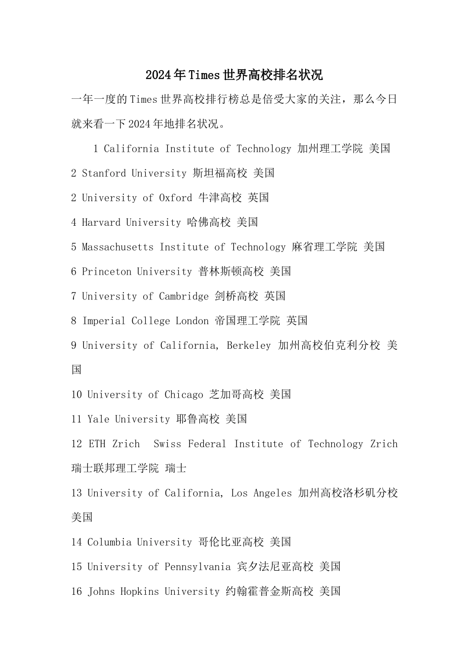 2024年Times世界大学排名情况_第1页