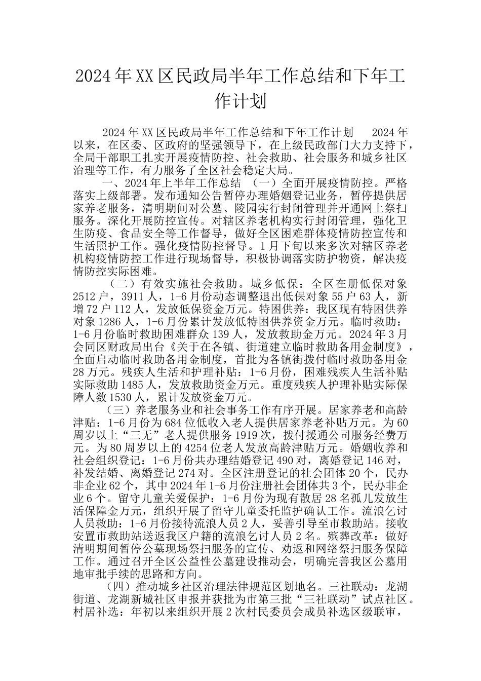 2024年XX区民政局半年工作总结和下年工作计划_第1页