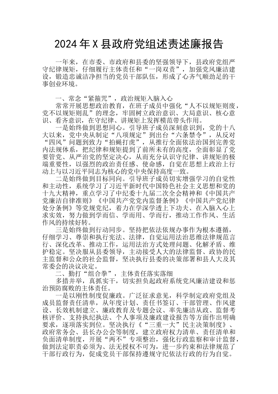 2024年X县政府党组述责述廉报告_第1页
