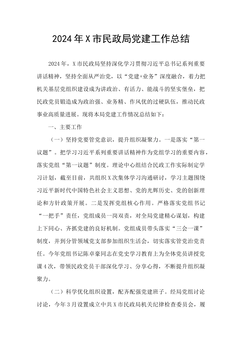 2024年X市民政局党建工作总结_第1页