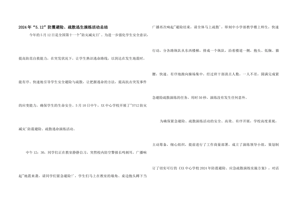 2024年“5.12”防震避险、疏散逃生演练活动总结_第1页