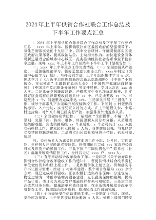 2024年上半年供销合作社联合工作总结及下半年工作要点汇总