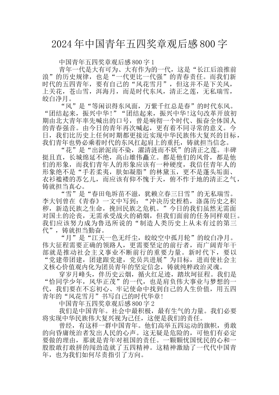 2024年中国青年五四奖章观后感800字_第1页