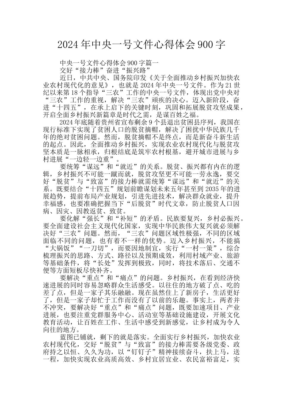 2024年中央一号文件心得体会900字_第1页