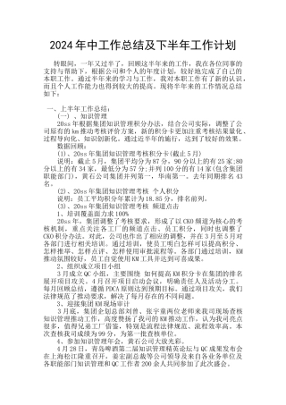 2024年中工作总结及下半年工作计划