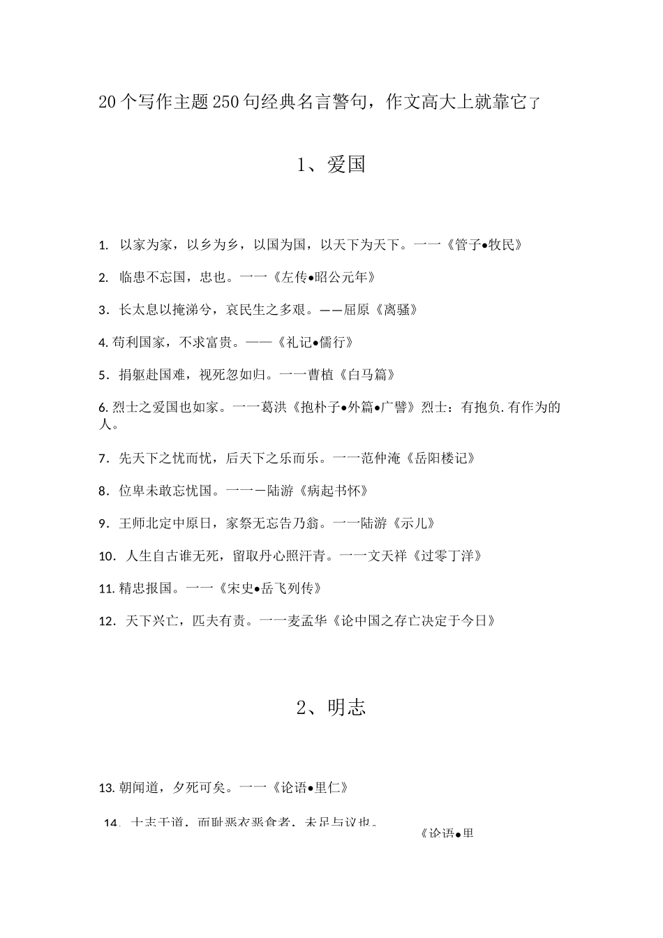20个写作主题250句经典名言警句,作文高大上就靠它_第1页