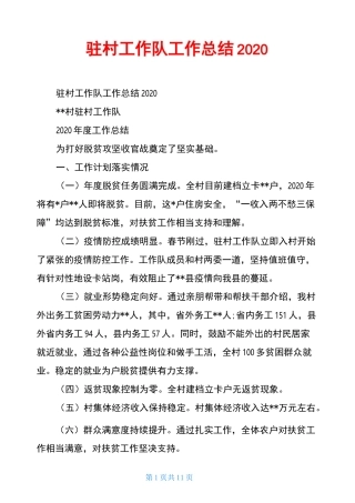 驻村工作队工作总结2020