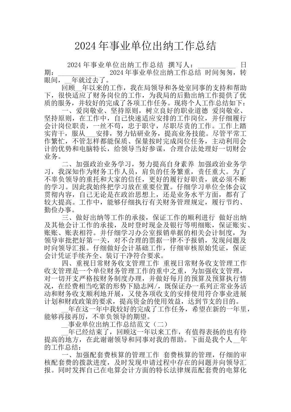 2024年事业单位出纳工作总结_第1页