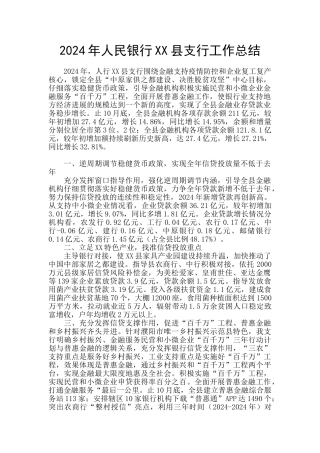2024年人民银行XX县支行工作总结
