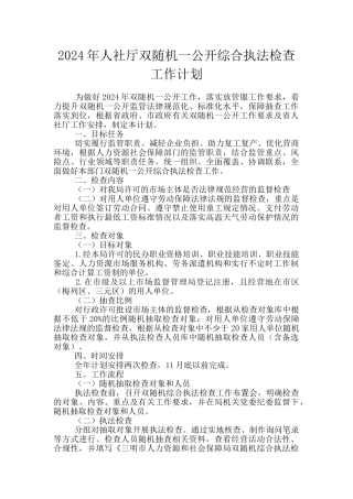 2024年人社厅双随机一公开综合执法检查工作计划