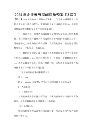 2024年企业春节期间应急预案