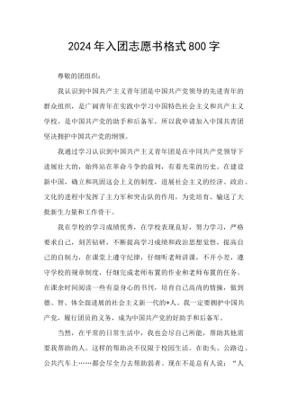 2024年入团志愿书格式800字