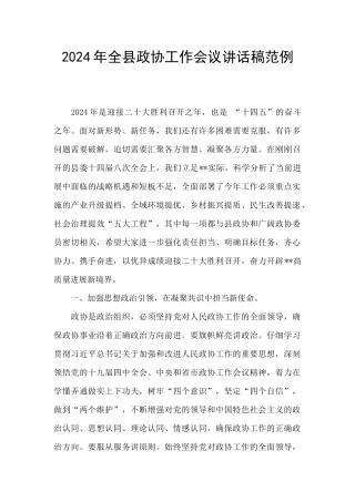 2024年全县政协工作会议讲话稿范例