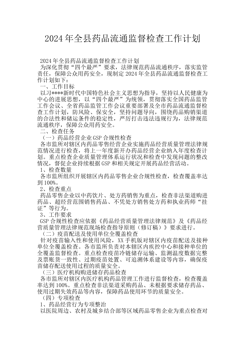2024年全县药品流通监督检查工作计划_第1页