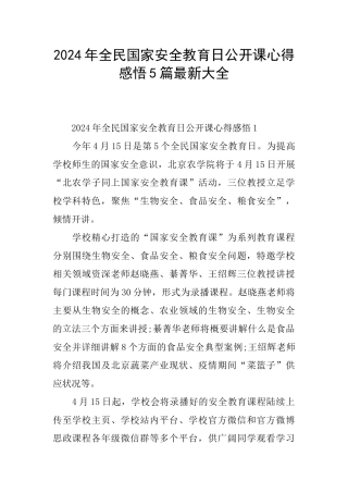 2024年全民国家安全教育日公开课心得感悟5篇最新大全