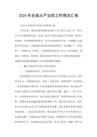 2024年全面从严治党工作情况汇报