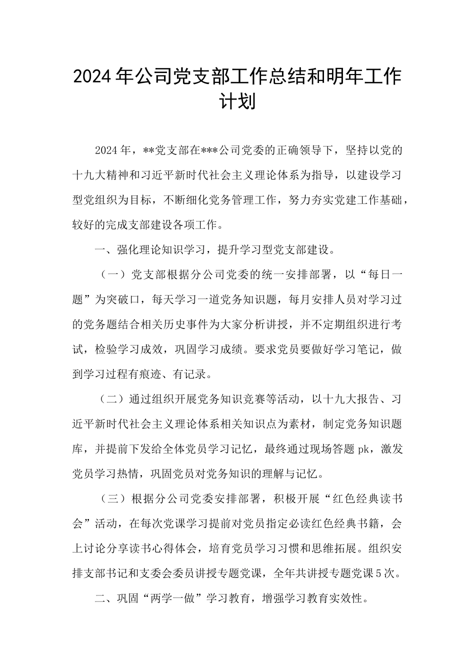 2024年公司党支部工作总结和明年工作计划_第1页