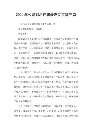 2024年公司副总任职表态发言稿三篇