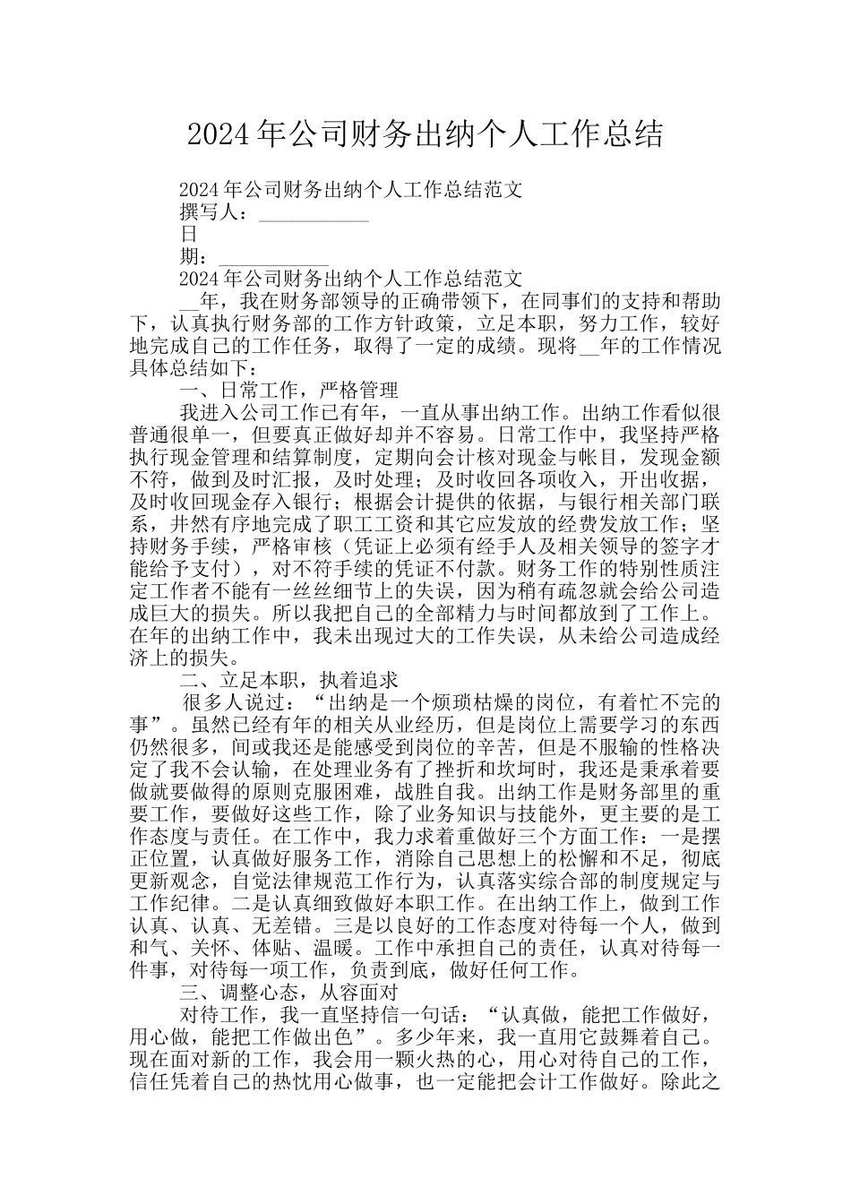 2024年公司财务出纳个人工作总结_第1页